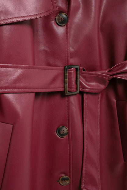 TRAFZA Donna Borgogna Similpelle Maxi Lungo Trench Elegante Risvolto Manica Lunga Giacche con Cintura Moda Femminile Capispalla
