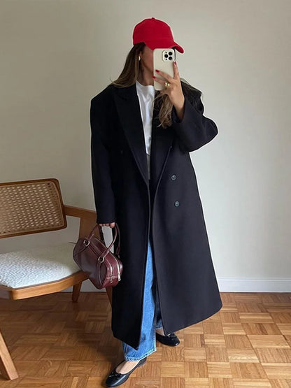 Elegant Solid Women Woolen Long Coats Loose Lapel Double-breasted Full Sleeve Shoulder Pads Overcoat 2024 Autumn New Outerwears