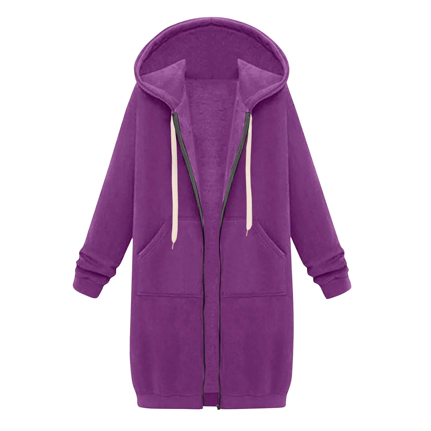 Felpa con cappuccio lunga con cerniera casual da donna, felpa invernale antivento con coulisse, giacca con cappuccio e tasche comode