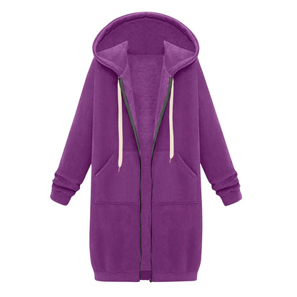 Felpa con cappuccio lunga con cerniera casual da donna, felpa invernale antivento con coulisse, giacca con cappuccio e tasche comode