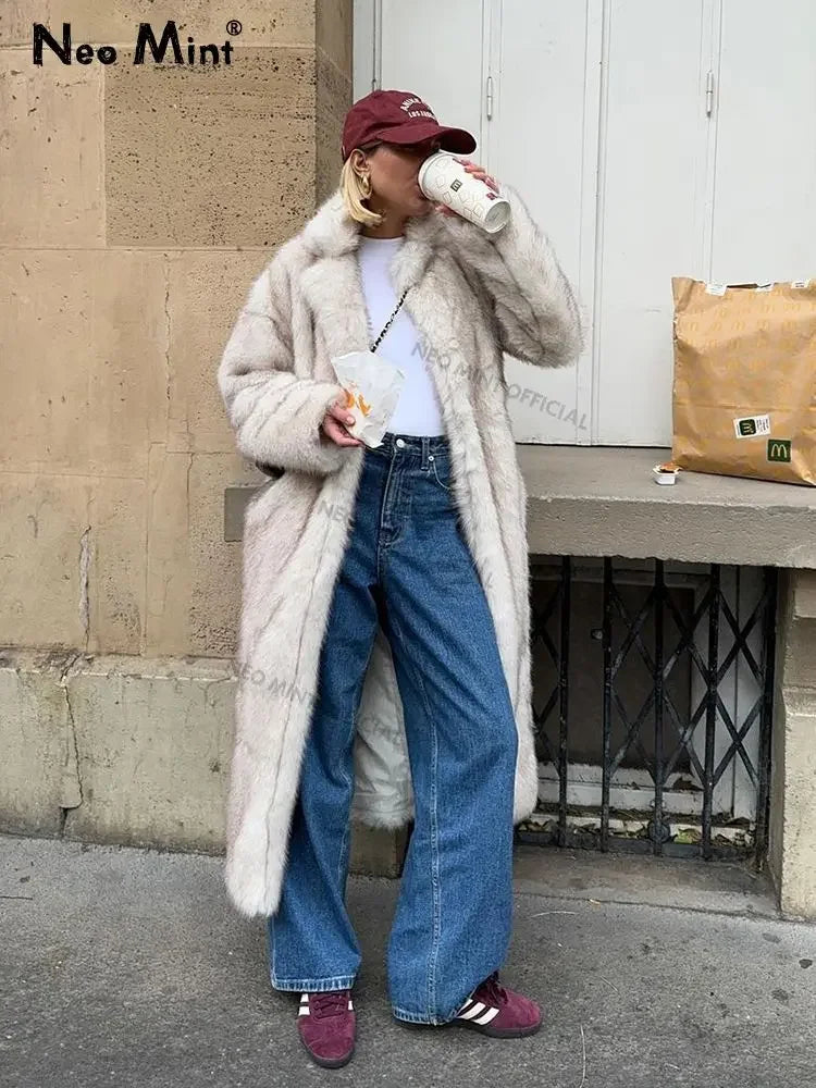 Neo Mint 2024 Inverno Caldo Soffice Sfumato Eco Pelliccia Giacca Donna Lusso Lungo Faux Pelliccia di Volpe Cappotto Strada Furry Outerwear Soprabito