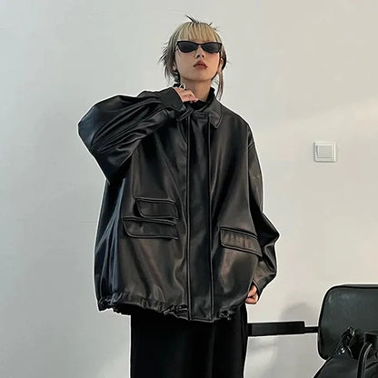 Streetwear Nero PU Faux Pelle Cappotti Donne Oversize Gotico Giacche Y2K Largo Tasca Fresco Signore Casual Morbido Outerwear