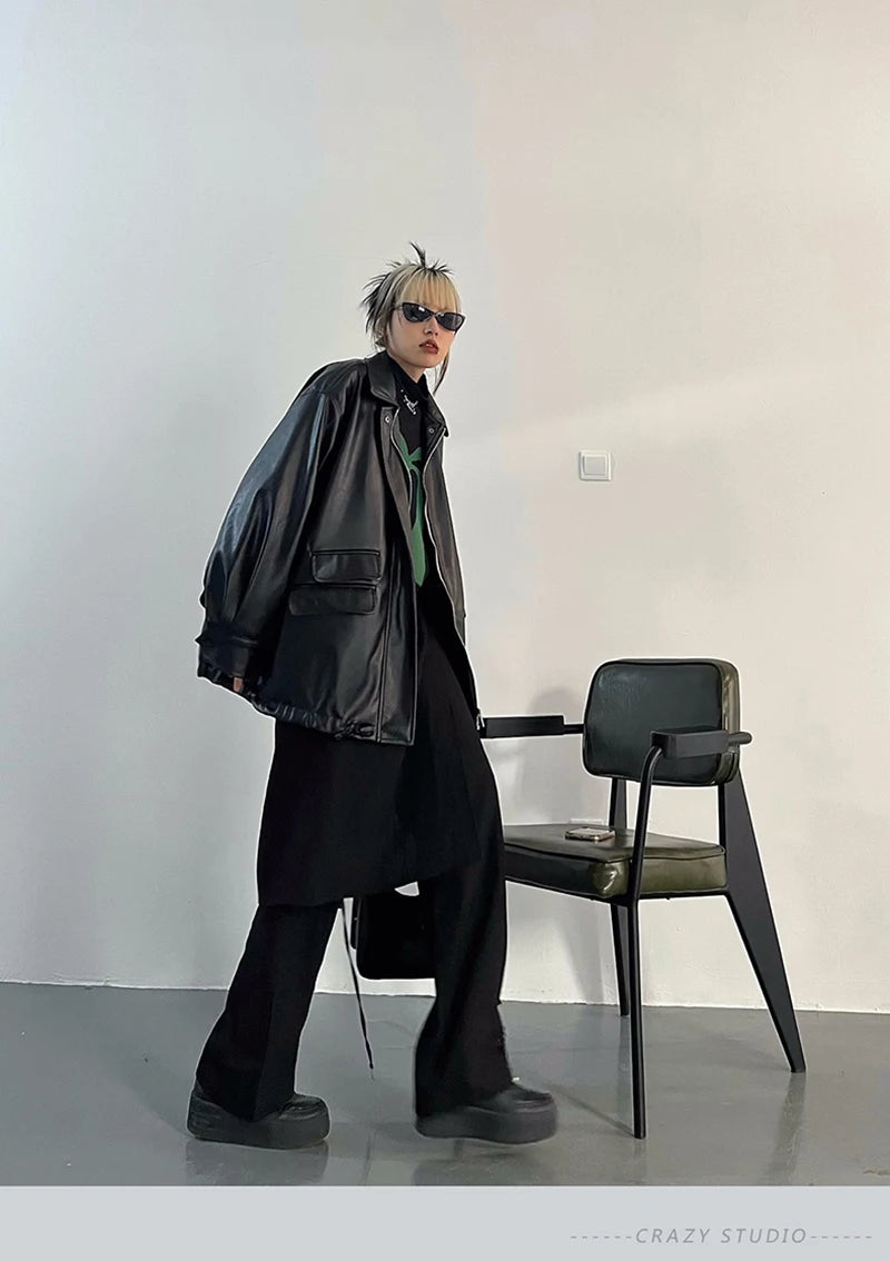 Streetwear Nero PU Faux Pelle Cappotti Donne Oversize Gotico Giacche Y2K Largo Tasca Fresco Signore Casual Morbido Outerwear