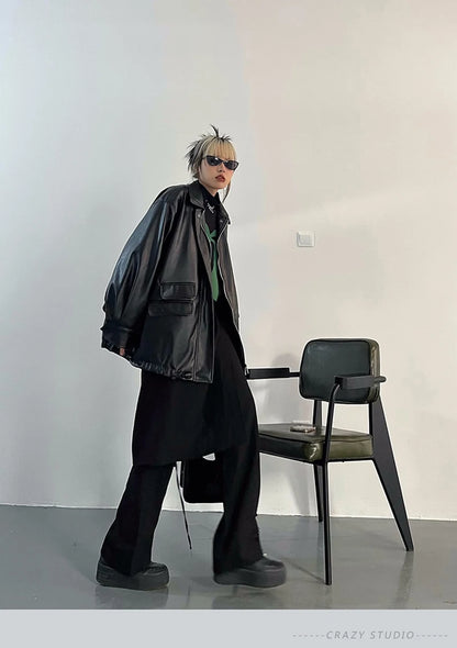 Streetwear Nero PU Faux Pelle Cappotti Donne Oversize Gotico Giacche Y2K Largo Tasca Fresco Signore Casual Morbido Outerwear