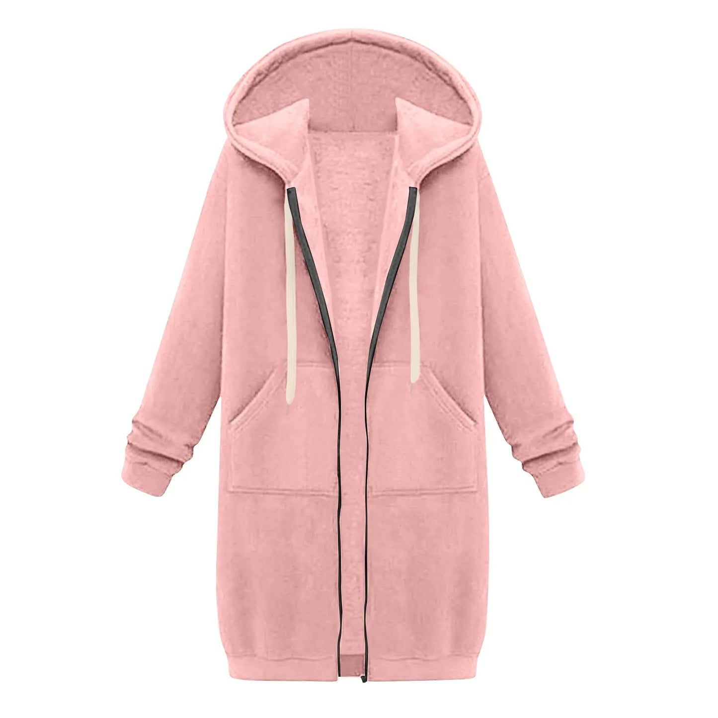 Felpa con cappuccio lunga con cerniera casual da donna, felpa invernale antivento con coulisse, giacca con cappuccio e tasche comode