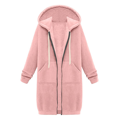 Felpa con cappuccio lunga con cerniera casual da donna, felpa invernale antivento con coulisse, giacca con cappuccio e tasche comode