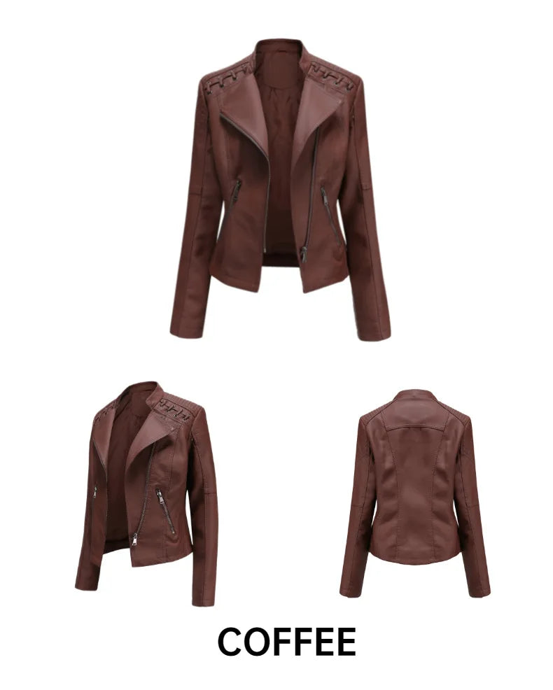 Giacca in similpelle alla moda per donna, primavera e autunno FSMG, capospalla corto casual slim fit con cerniera, cappotto da motociclista leggero