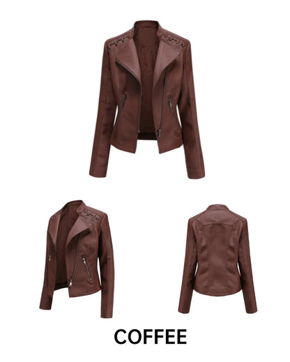 Giacca in similpelle alla moda per donna, primavera e autunno FSMG, capospalla corto casual slim fit con cerniera, cappotto da motociclista leggero