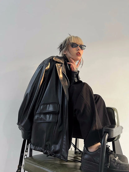 Streetwear Nero PU Faux Pelle Cappotti Donne Oversize Gotico Giacche Y2K Largo Tasca Fresco Signore Casual Morbido Outerwear