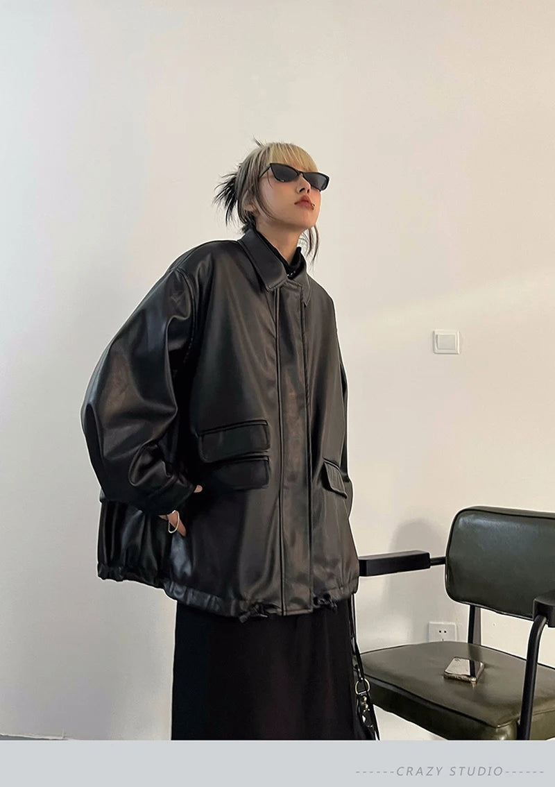 Streetwear Nero PU Faux Pelle Cappotti Donne Oversize Gotico Giacche Y2K Largo Tasca Fresco Signore Casual Morbido Outerwear