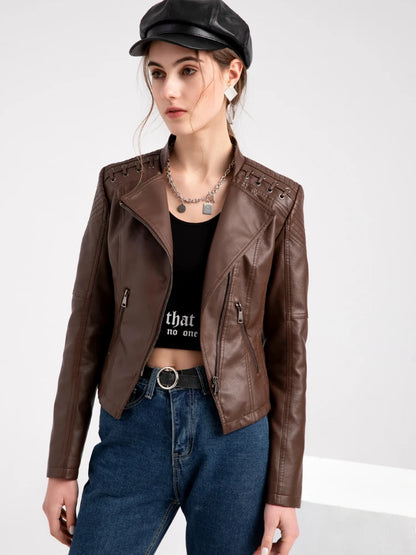 Giacca in similpelle alla moda per donna, primavera e autunno FSMG, capospalla corto casual slim fit con cerniera, cappotto da motociclista leggero