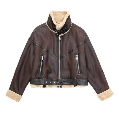 Giacca da donna alla moda autunno, spessa e calda, in pelliccia sintetica, vintage, a maniche lunghe, con cintura e orlo, capispalla da donna, eleganti top
