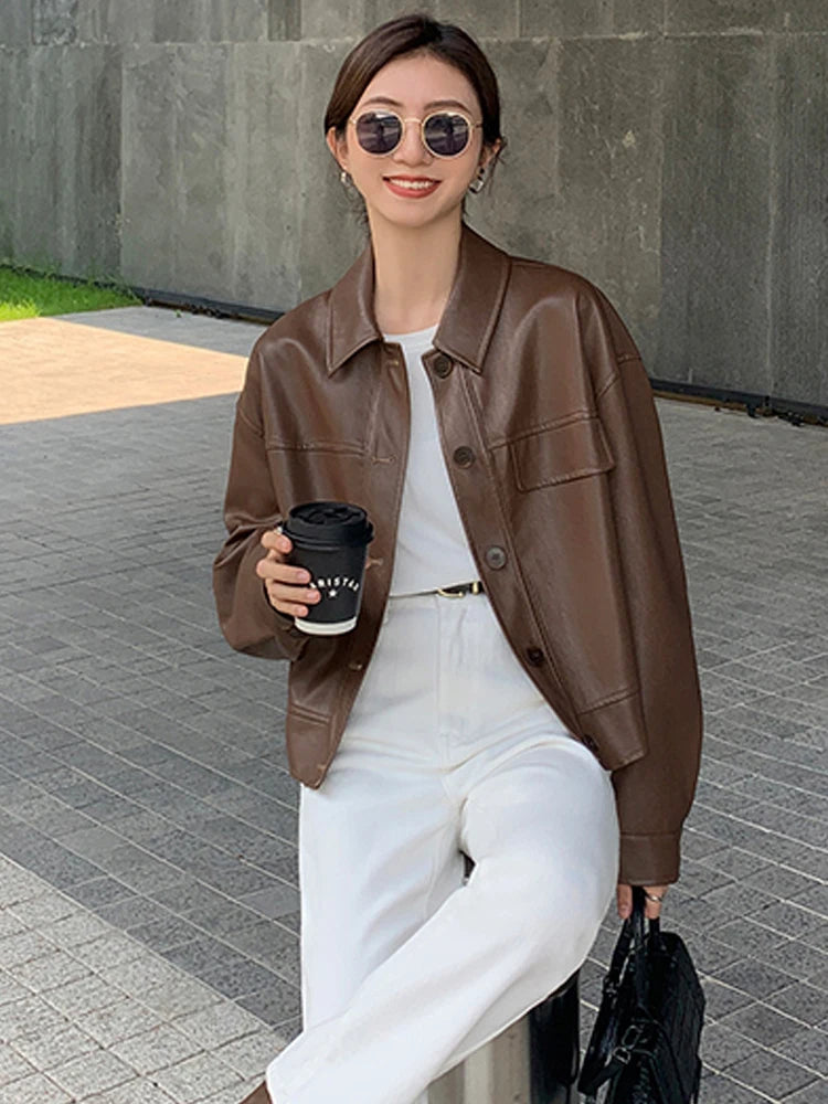 Giacca in pelle nera invernale corta da donna 2022 autunno coreano giacca da motociclista da strada alta da donna capispalla vintage sottile PU chic top