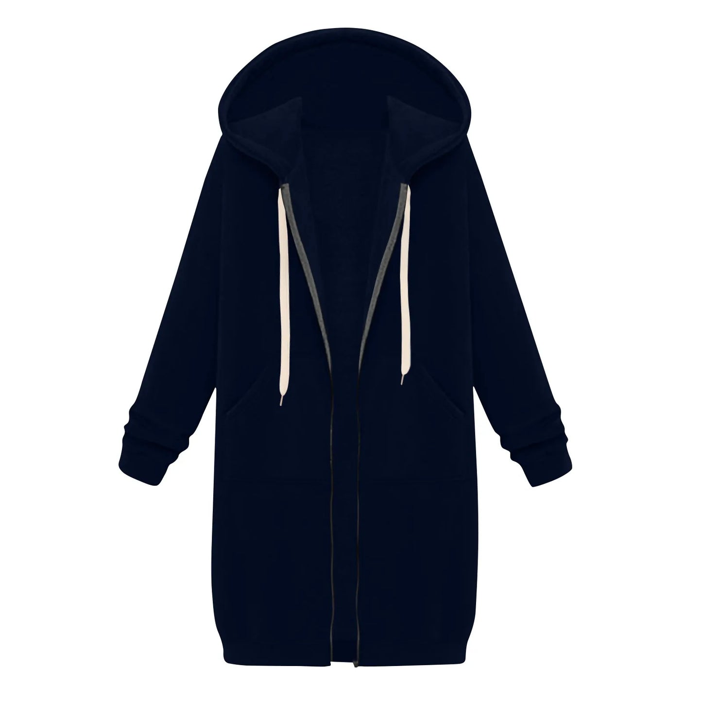 Felpa con cappuccio lunga con cerniera casual da donna, felpa invernale antivento con coulisse, giacca con cappuccio e tasche comode