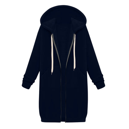Felpa con cappuccio lunga con cerniera casual da donna, felpa invernale antivento con coulisse, giacca con cappuccio e tasche comode