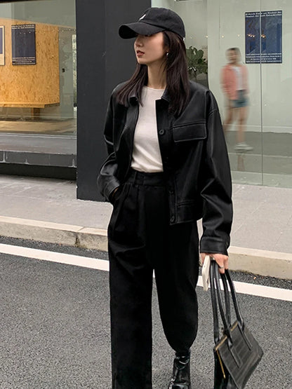 Giacca in pelle nera invernale corta da donna 2022 autunno coreano giacca da motociclista da strada alta da donna capispalla vintage sottile PU chic top