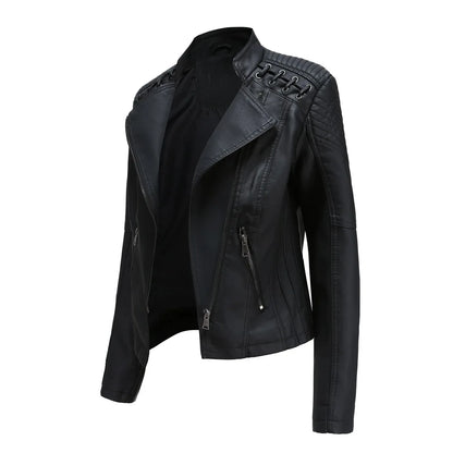 Giacca in similpelle alla moda per donna, primavera e autunno FSMG, capospalla corto casual slim fit con cerniera, cappotto da motociclista leggero