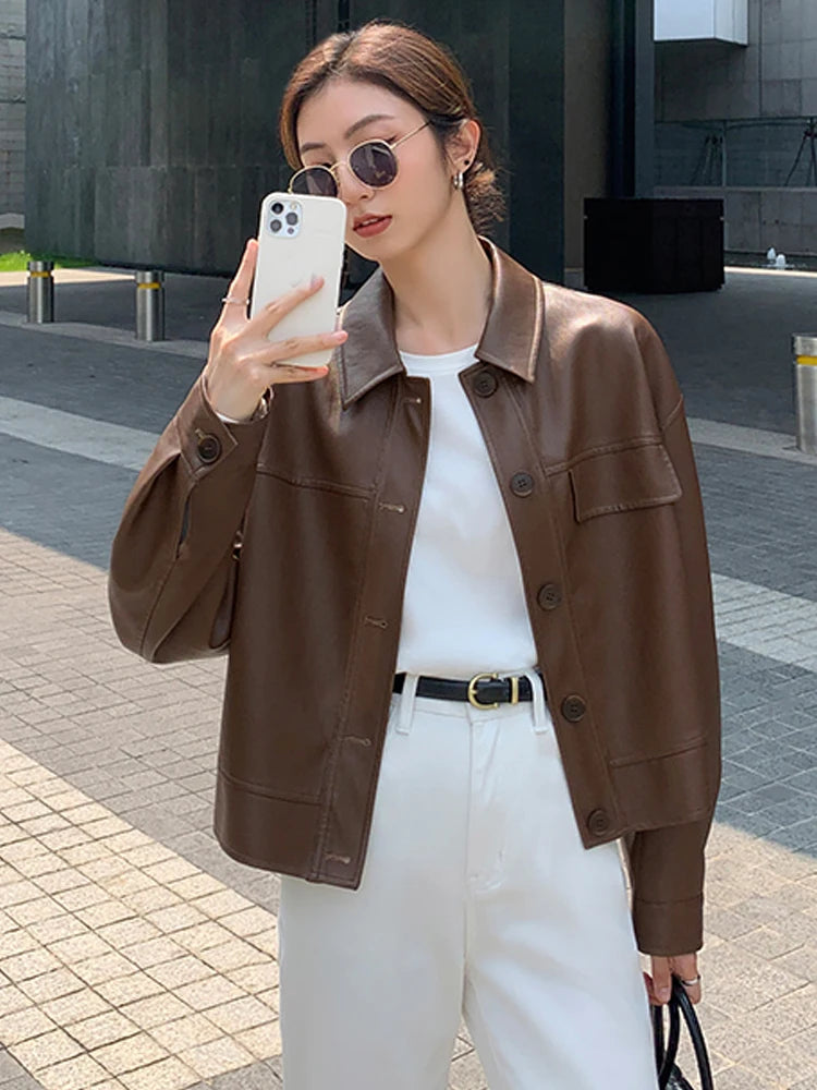 Giacca in pelle nera invernale corta da donna 2022 autunno coreano giacca da motociclista da strada alta da donna capispalla vintage sottile PU chic top