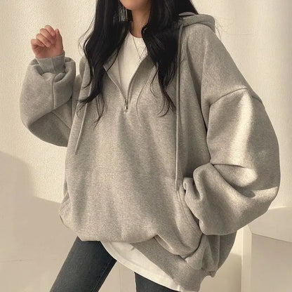 Felpa con cappuccio oversize con cerniera per donna, felpe monocromatiche, felpe casual, essenziale per donna, moda coreana, 2023