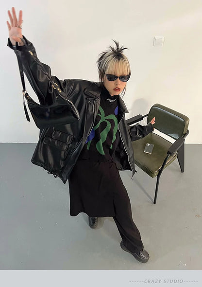 Streetwear Nero PU Faux Pelle Cappotti Donne Oversize Gotico Giacche Y2K Largo Tasca Fresco Signore Casual Morbido Outerwear