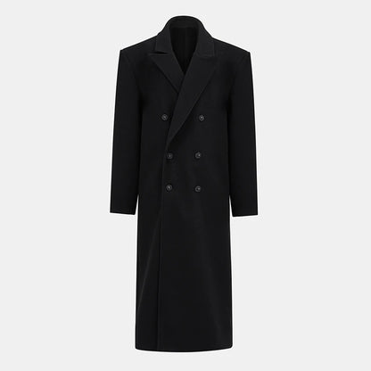 Elegant Solid Women Woolen Long Coats Loose Lapel Double-breasted Full Sleeve Shoulder Pads Overcoat 2024 Autumn New Outerwears