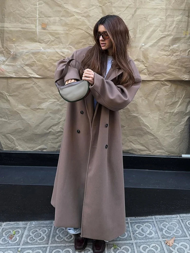 Elegant Solid Women Woolen Long Coats Loose Lapel Double-breasted Full Sleeve Shoulder Pads Overcoat 2024 Autumn New Outerwears