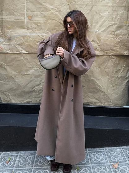 Elegant Solid Women Woolen Long Coats Loose Lapel Double-breasted Full Sleeve Shoulder Pads Overcoat 2024 Autumn New Outerwears