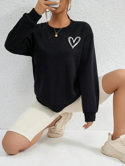 Felpe con stampa a forma di cuore semplice per donna, comode e casual, con scollo rotondo, in pile, calde e comode, abbigliamento sportivo