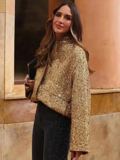 Women's Sequined Bomber Jacket - Fall Chic Round Neck Long Sleeve Casual Outerwear