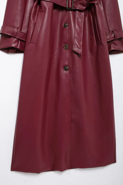 TRAFZA Donna Borgogna Similpelle Maxi Lungo Trench Elegante Risvolto Manica Lunga Giacche con Cintura Moda Femminile Capispalla