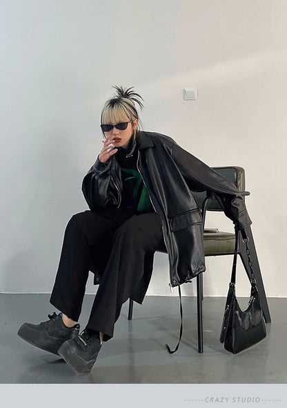 Streetwear Nero PU Faux Pelle Cappotti Donne Oversize Gotico Giacche Y2K Largo Tasca Fresco Signore Casual Morbido Outerwear