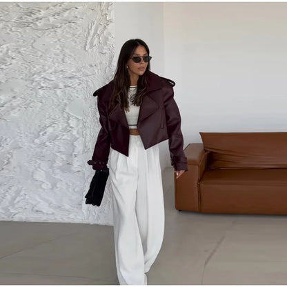 Eleganti cappotti in pelle bordeaux con un bottone per donna, alla moda, tasche a ribalta, giacche larghe e solide, 2024, capispalla da strada Lady Chic
