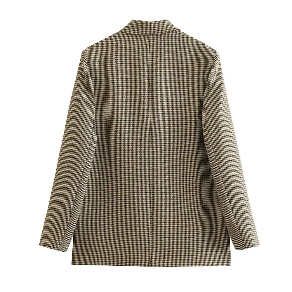 TRAF Donna Moda Doppiopetto Plaid Blazer Cappotto Vintage Manica Lunga Tasche con Patta Donna Capispalla Chic Vestes Femme