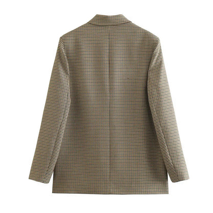 TRAF Donna Moda Doppiopetto Plaid Blazer Cappotto Vintage Manica Lunga Tasche con Patta Donna Capispalla Chic Vestes Femme