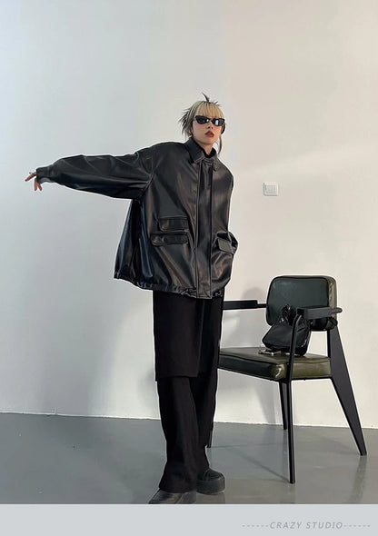 Streetwear Nero PU Faux Pelle Cappotti Donne Oversize Gotico Giacche Y2K Largo Tasca Fresco Signore Casual Morbido Outerwear
