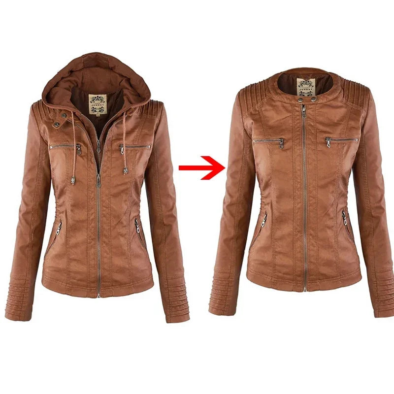 Giacca in similpelle da donna 2024 Giacca basica Cappotto Donna Giacca invernale da motociclista in pelle PU con cerniera Felpe con cappuccio Capispalla chaqueta