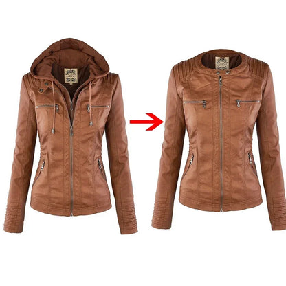 Giacca in similpelle da donna 2024 Giacca basica Cappotto Donna Giacca invernale da motociclista in pelle PU con cerniera Felpe con cappuccio Capispalla chaqueta