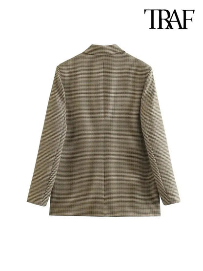 TRAF Donna Moda Doppiopetto Plaid Blazer Cappotto Vintage Manica Lunga Tasche con Patta Donna Capispalla Chic Vestes Femme
