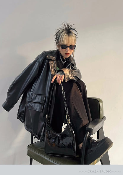 Streetwear Nero PU Faux Pelle Cappotti Donne Oversize Gotico Giacche Y2K Largo Tasca Fresco Signore Casual Morbido Outerwear
