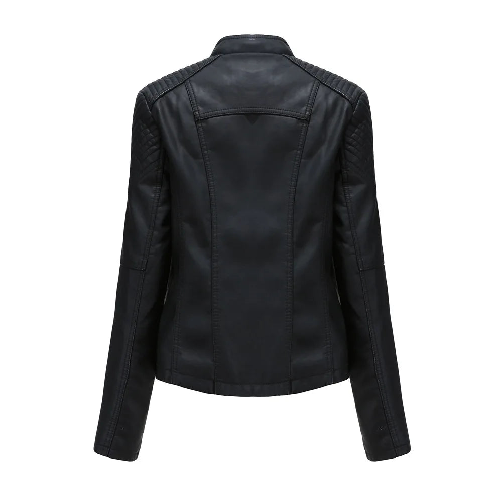 Giacca in similpelle alla moda per donna, primavera e autunno FSMG, capospalla corto casual slim fit con cerniera, cappotto da motociclista leggero