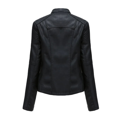 Giacca in similpelle alla moda per donna, primavera e autunno FSMG, capospalla corto casual slim fit con cerniera, cappotto da motociclista leggero