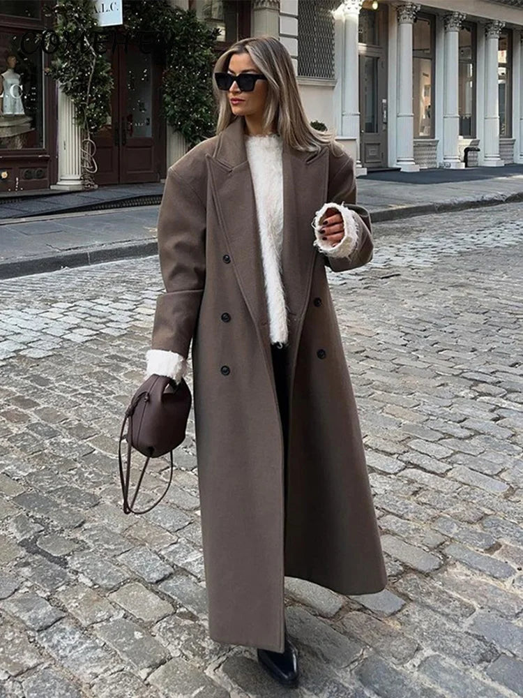 Elegant Solid Women Woolen Long Coats Loose Lapel Double-breasted Full Sleeve Shoulder Pads Overcoat 2024 Autumn New Outerwears