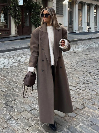 Elegant Solid Women Woolen Long Coats Loose Lapel Double-breasted Full Sleeve Shoulder Pads Overcoat 2024 Autumn New Outerwears