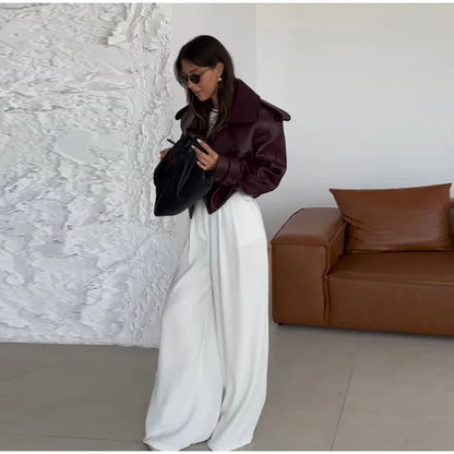 Eleganti cappotti in pelle bordeaux con un bottone per donna, alla moda, tasche a ribalta, giacche larghe e solide, 2024, capispalla da strada Lady Chic
