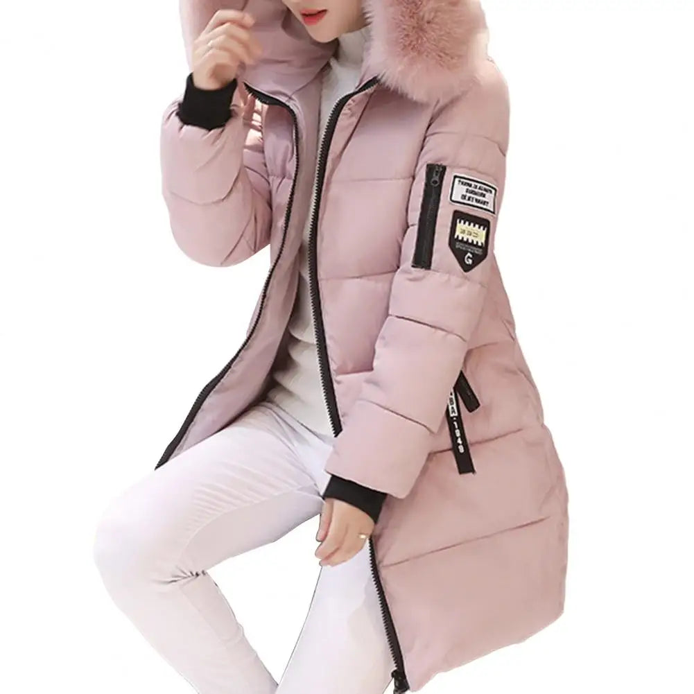 Cappotto lungo da donna in cotone con cappuccio e chiusura a zip