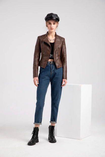 Giacca in similpelle alla moda per donna, primavera e autunno FSMG, capospalla corto casual slim fit con cerniera, cappotto da motociclista leggero