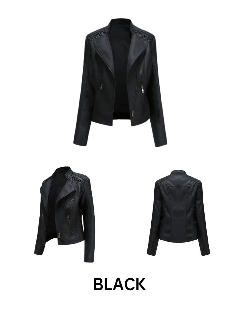 Giacca in similpelle alla moda per donna, primavera e autunno FSMG, capospalla corto casual slim fit con cerniera, cappotto da motociclista leggero
