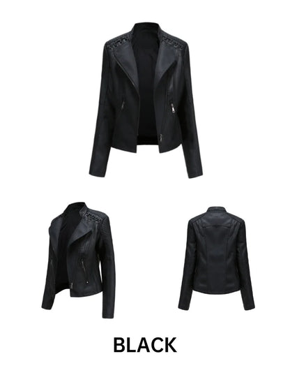 Giacca in similpelle alla moda per donna, primavera e autunno FSMG, capospalla corto casual slim fit con cerniera, cappotto da motociclista leggero