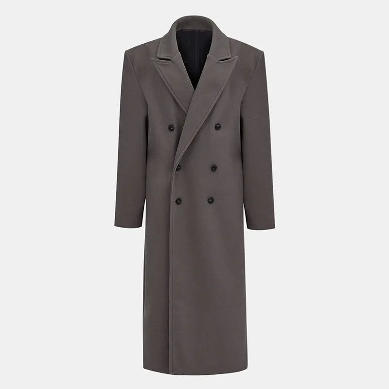 Elegant Solid Women Woolen Long Coats Loose Lapel Double-breasted Full Sleeve Shoulder Pads Overcoat 2024 Autumn New Outerwears