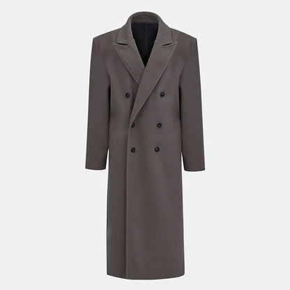 Elegant Solid Women Woolen Long Coats Loose Lapel Double-breasted Full Sleeve Shoulder Pads Overcoat 2024 Autumn New Outerwears
